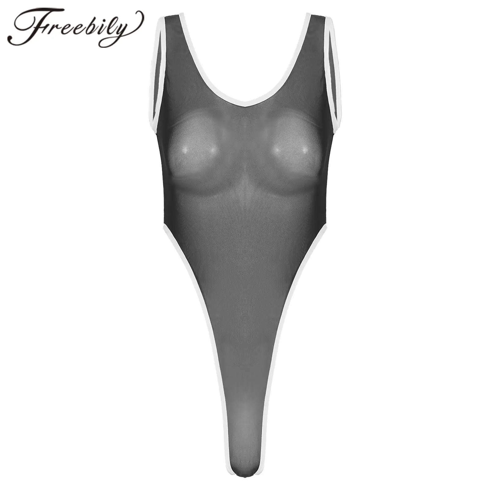 

Womens Monokini Swimsuit Sexy One-piece See Through Sheer Mesh Lingerie Backless High Cut Thong Bodysuit Swimwear Bathing Suit