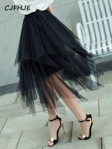 CJFHJE Autumn Fashion Chiffon Women's Skirt Mesh Solid Color Bouffant Puffy Skirts Irregular Sexy Saia Pleated Black Jupe Longue
