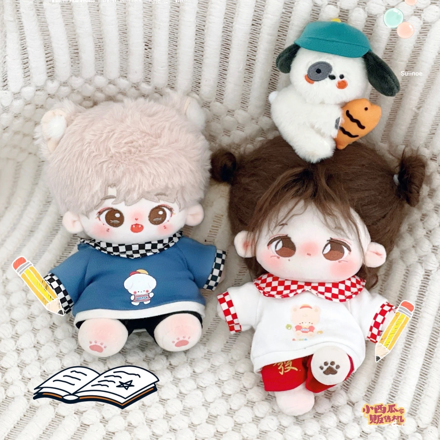 

Handmade 15/20cm 2pc Doll Clothes Cute Checkerboard Puppy T-shirt Shorts Kpop Plush Dolls Outfit Toy Doll's Accessories Cos Suit