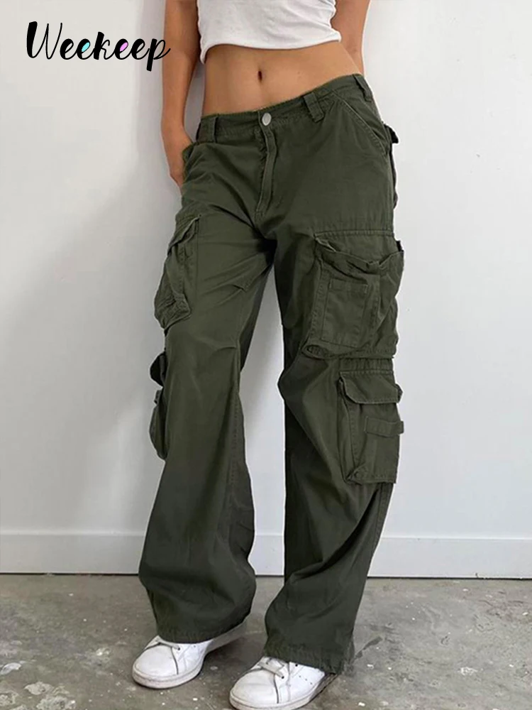 

Weekeep/уличные джинсы с низкой посадкой, женские винтажные брюки-карго, лоскутные мешковатые джинсовые брюки, y2k гранж, зеленые модные джинсы