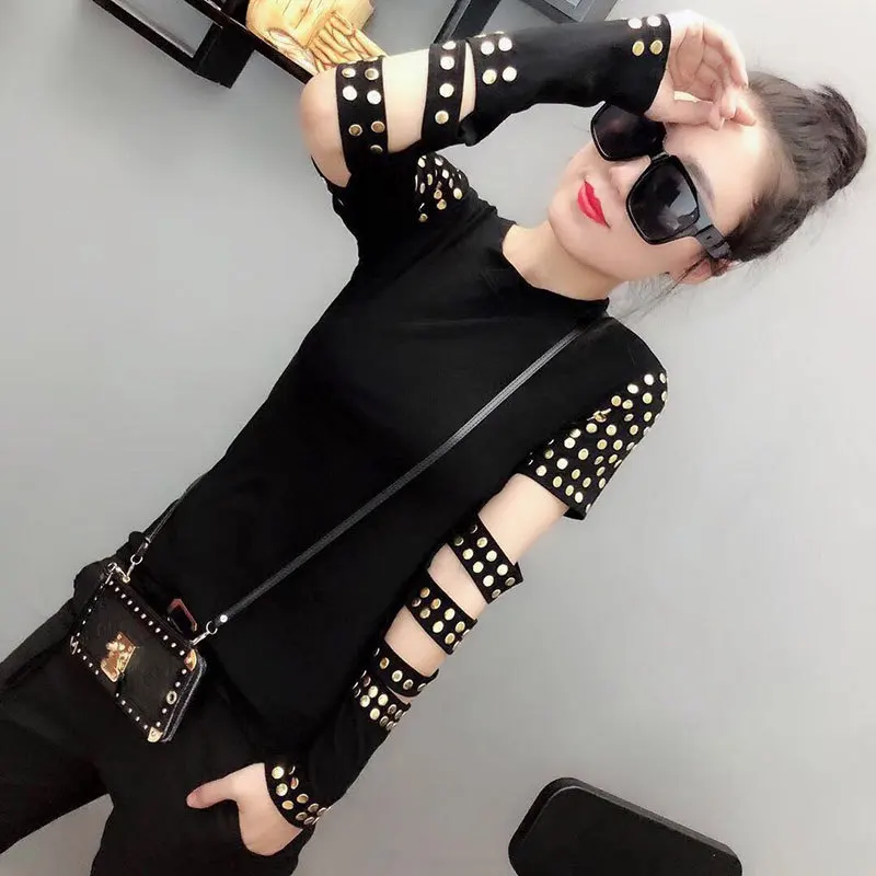 

#5324 Punk Style Cotton T Shirts For Women Spring Summer Skinny Tight Tshirts Ladies Short Sleeve Slim Tee Tops Girl High Street