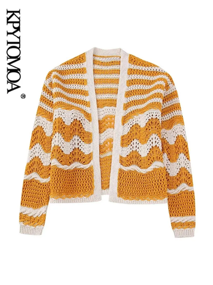 

KPYTOMOA Women Fashion Knit Open Cardigan Sweater Vintage V Neck Long Sleeve Female Outerwear Chic Tops