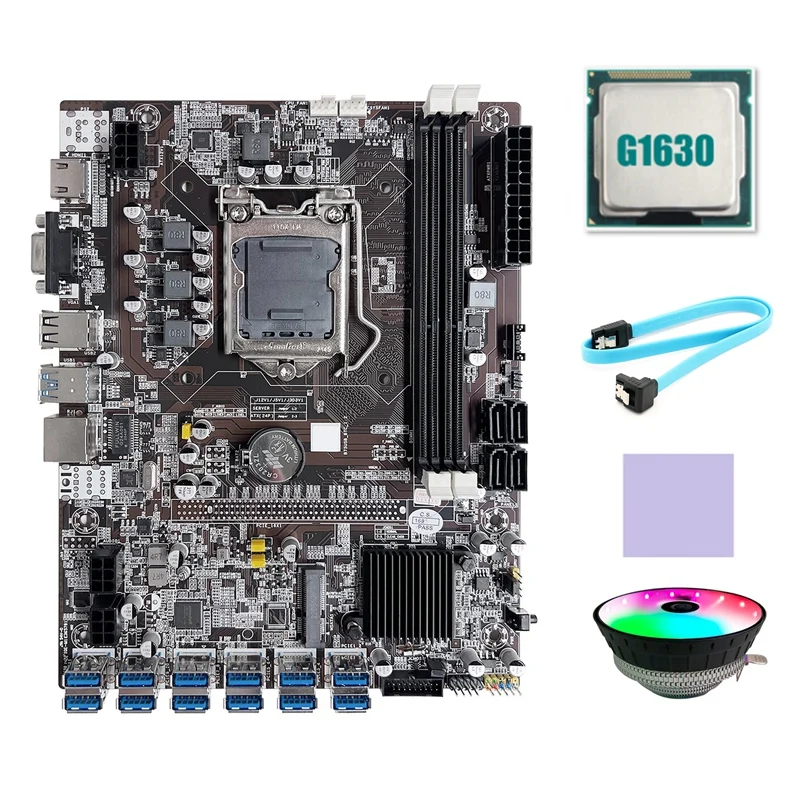 

B75 ETH Mining Motherboard 12 PCIE To USB LGA1155 Motherboard With G1630 CPU+SATA Cable+Thermal Pad+RGB Cooling Fan