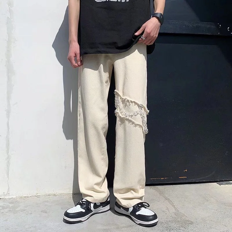 Chain Baggy Jeans Men Fashion Casual Wide Leg Jeans Men Streetwear Korean Loose Hip Hop Straight Denim Pants Mens Trousers M-2XL