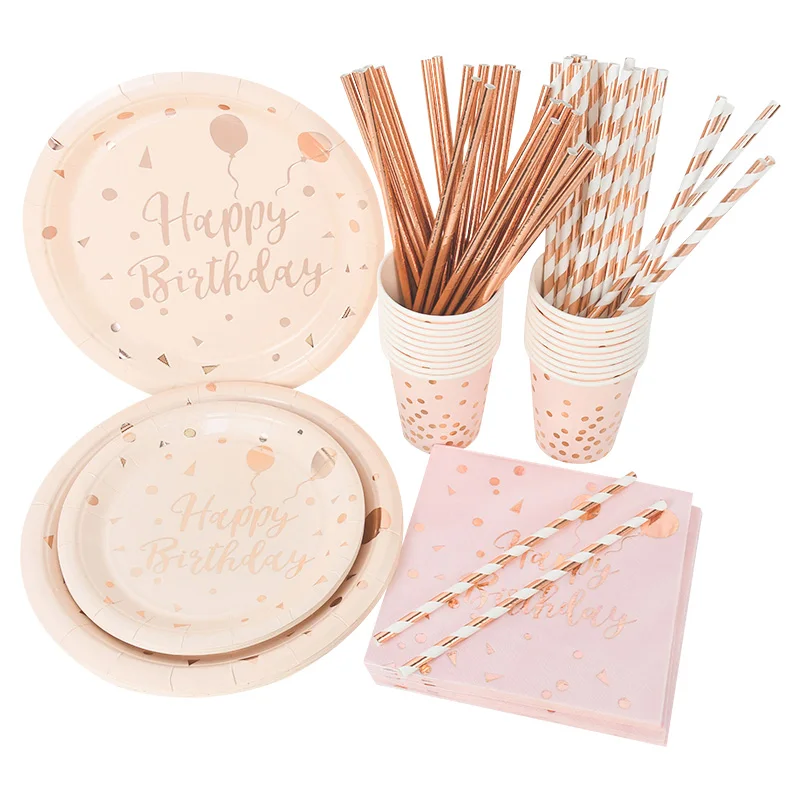

Happy Birthday Rose Gold Birthday Disposable Cutlery Bronzing Dot Cutlery Paper Plate Straw Cup Decoration Kitchen Supplies