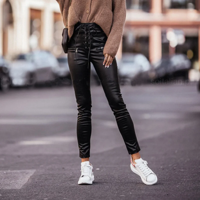 

2022 Chic Lace-up High Waist PU Lenther Pants Women Solid Slim Fit Bodycon Trousers Spring Autumn Elegant Office Lady Sweatpants