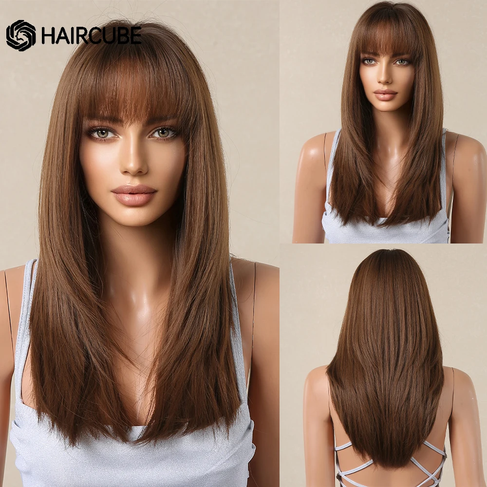 

HAIRCUBE длинные прямые коричневые синтетические парики для женщин, натуральные волосы, парики с темными корнями с челкой, ежедневные стандартные термостойкие парики