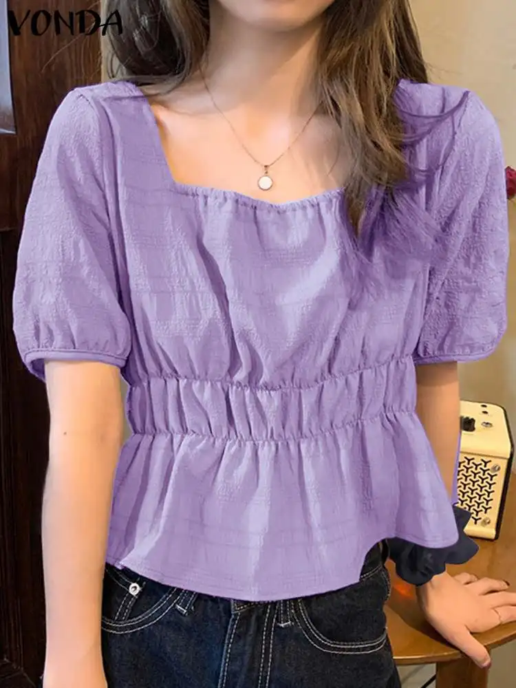 

Summer Tops Women Elegant Blouse 2024 Short Puff Sleeve Tunic VONDA Casual Shirts Loose Square Collar Solid Color Pleated Blusas