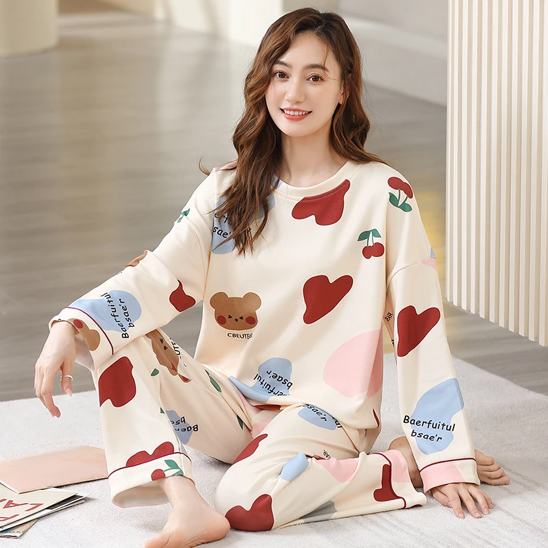 CAIYIER Winter Cotton Nightwear M-3XL Round Neck Sleepwear Cartoon Women Sleepwear Soft Leisure Big Size Girls Lingerie Homewear