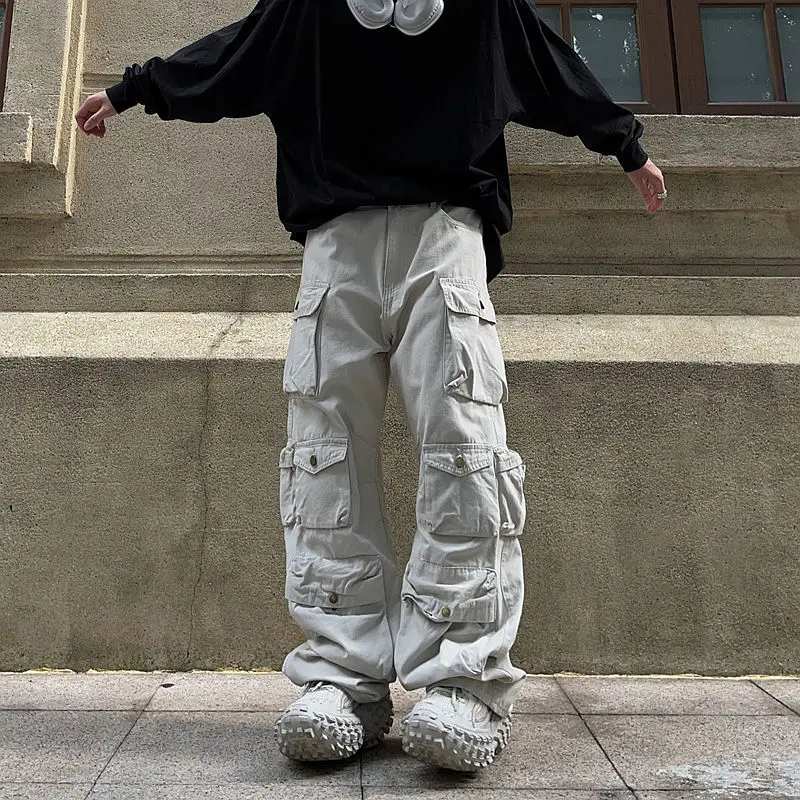 

Solid Multi-Pocket Wide-Leg Cargo Pants American Retro Functional High Waist Pants Harajuku-Style Hip-Hop Straight-Leg Trousers