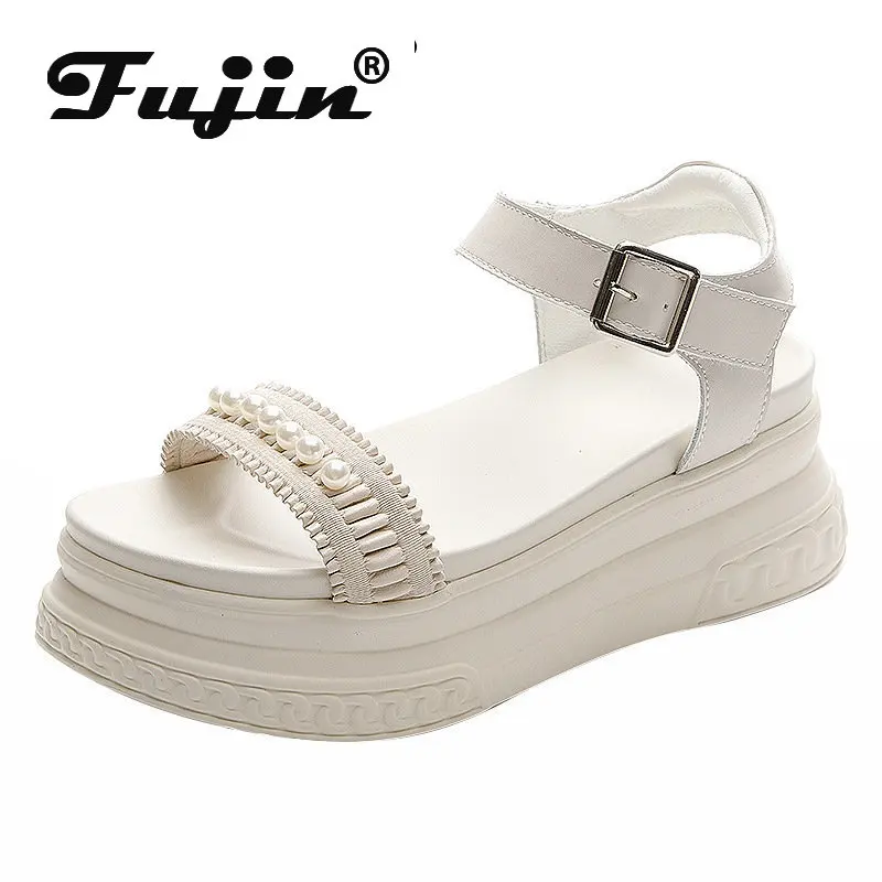 

Fujin 7cm Chunky Sneakers Comfortable Genuine Leather Women Breathable Sandals Fashion Summer Ladies Platform Wedge Hook Shoes