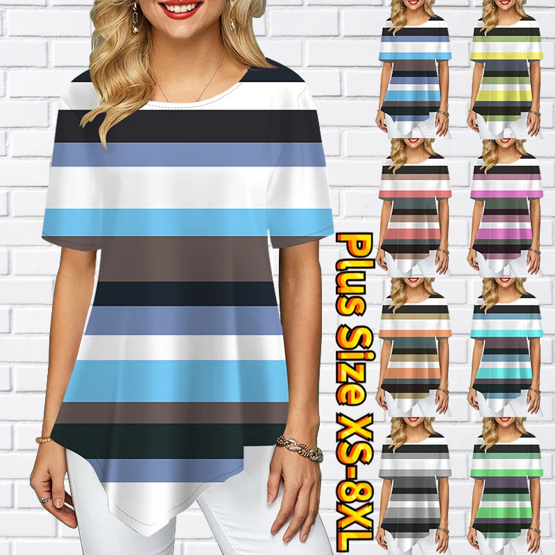 

2022 New Summer Women's Fashion Striped Printed T-shirt with Short Sleeves and Round Neck, Simple Style Pullover Ladies Clothing