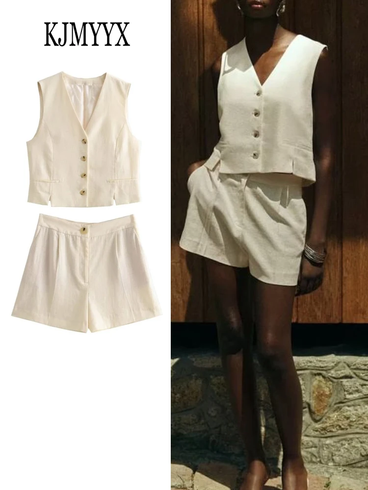

KJMYYX 2 PCS Shorts Sets Women Chic Front Button Linen Waistcoat Vintage V Neck Sleeveless Female Fashion Outerwear Vest Tops