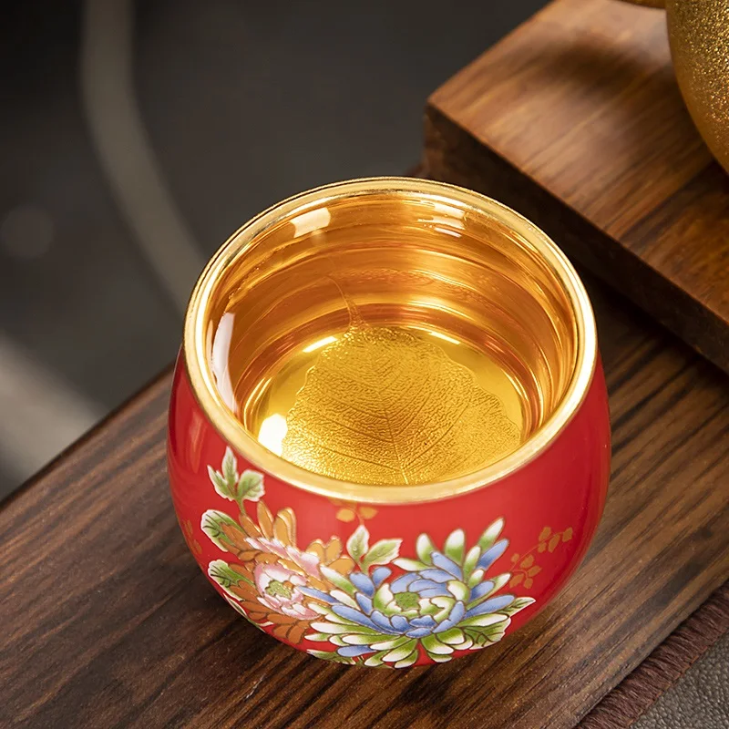 |Light luxury peony pure gold and gold cup braised flower high-grade Chinese court wind ceramics master kung fu tea cup