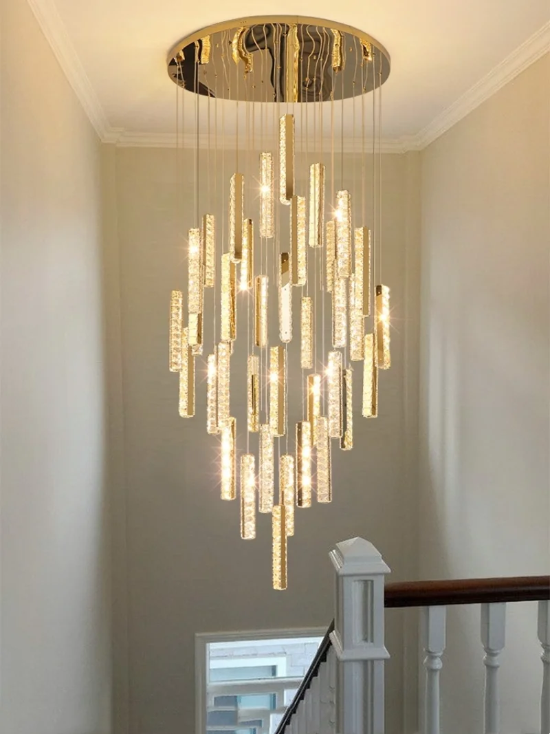 

Chandelier Lights Modern Stairs Ceilinging Golden/Silver Stainless steel Luxury K9 Crystal Lamps LED Home Parlor Hanging