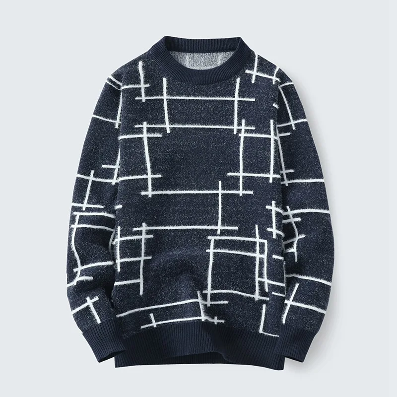 Autumn And Winter New Men's Knitted Jumper Fashion Horizontal And Vertical Stripes Loose Round Neck Casual Jumper Men's Tops