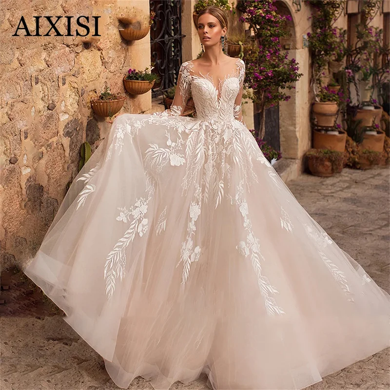 

Stunning Wedding Dress V Neck Full Sleeves Bride Vestidos De Novia Illusion A Line Robe De Mariee Appliques Lace Tulle for 2022