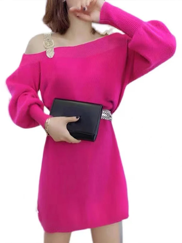 

Повседневное трикотажное платье с асимметричным воротником, свитер с длинными рукавами, мини-юбка, осень 2022, новая женская одежда