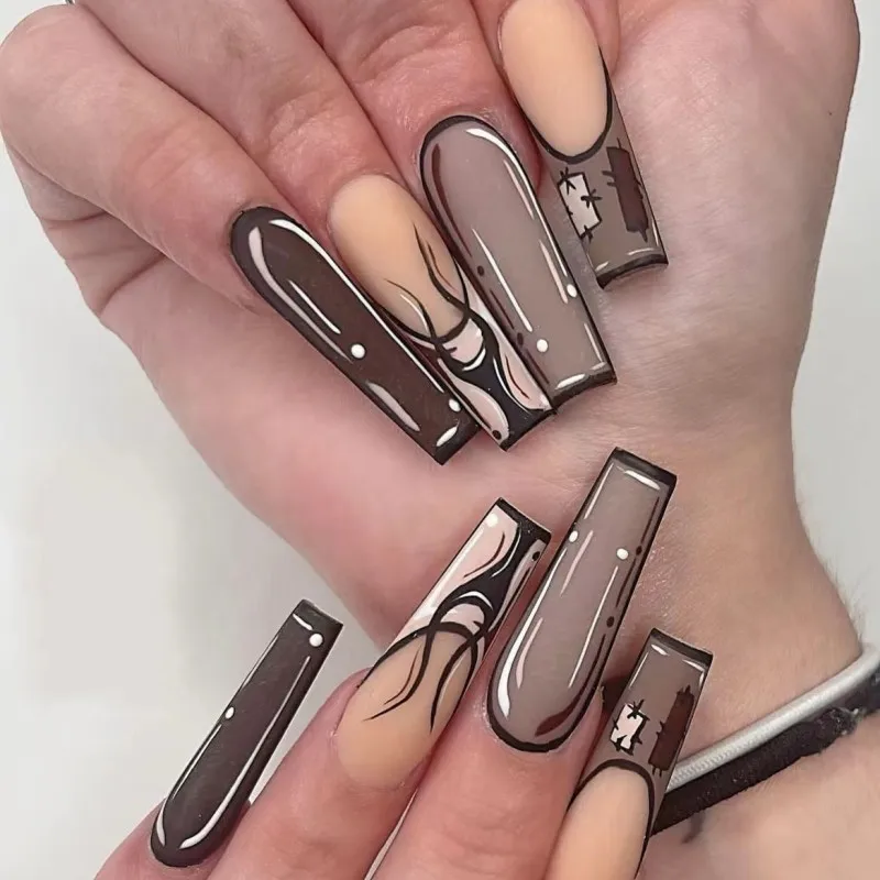 

Long french coffin fake nails tips press on faux ongles with manga drawing designs DIY manicure supplies false acrylic nail kit