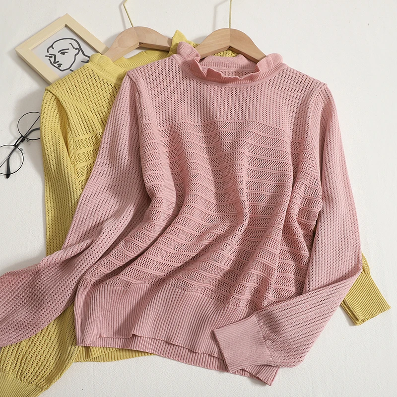 

Модный шикарный осенний вязаный свободный свитер Hikigawa с оборками и полувысоким воротником, винтажный облегающий пуловер с длинным рукавом,...