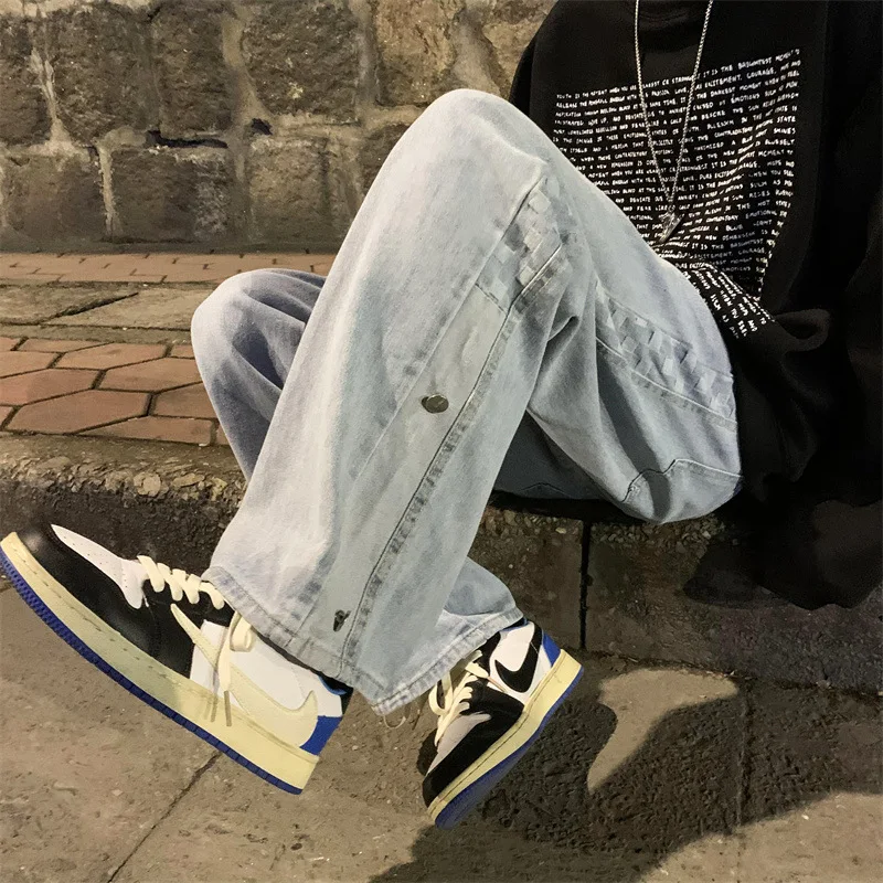 Autumn Side Buttons Jeans Men Harajuku Loose Classic Trousers Denim Straight Casual Streetwear Large Size S-3XL College Students