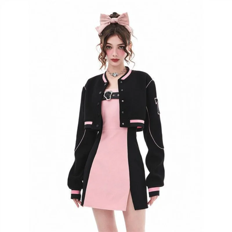 

Hot Girl Mini Dress + Short Baseball Suit Set Women Jacket Korean Version New Loose Casual Y2k Dresses Two-piece Women's Clothes