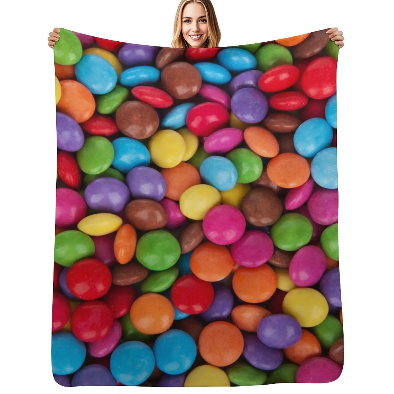 Фото Красочный плед с текстурой конфет M&Ms Skittles Rainbow, маленькие круглые конфеты-кусочки, плед из искусственного меха, мягкий теплый плед для кровати №1