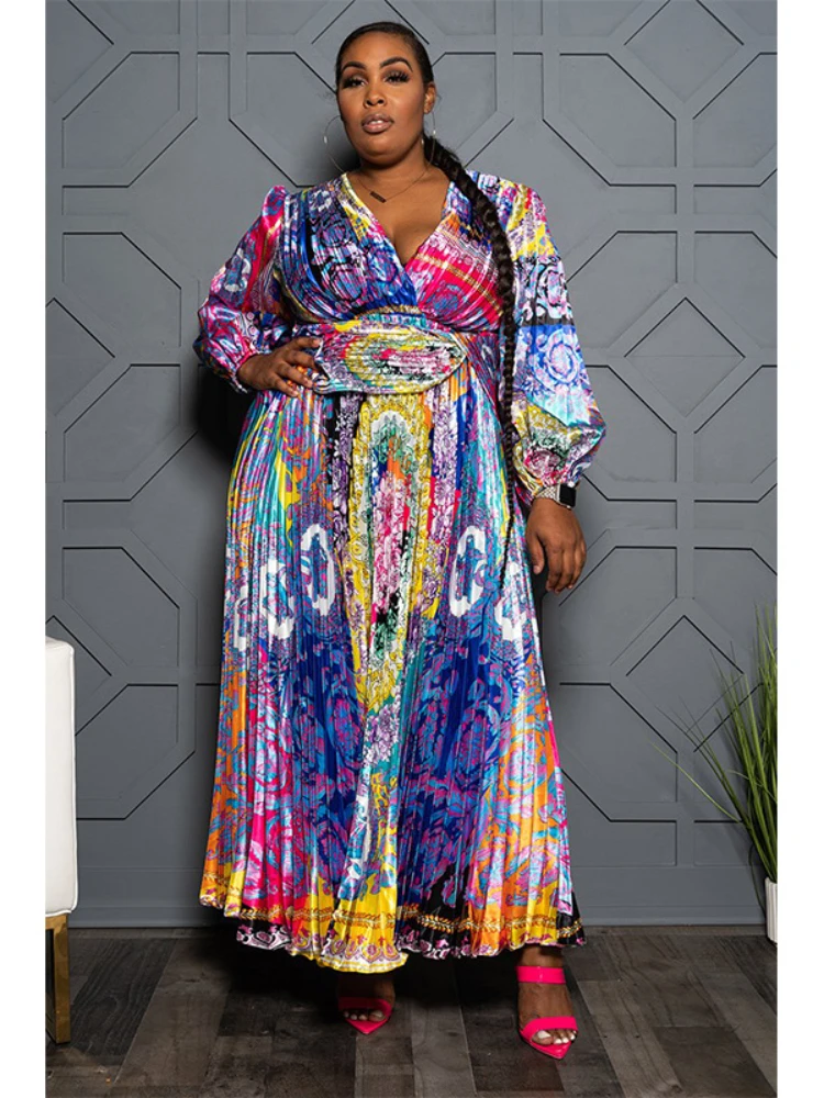 Plus Size Print Loose Pleated Dress Women Sexy Deep V Neck Vintage Swing Long Sleeve Ankle Length Spring Summer African Robes