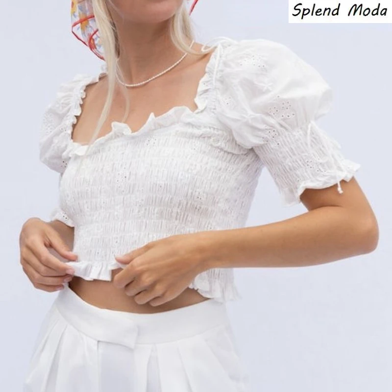 

Splend Moda 2022 Spring Vintage Romantic White Lace Square Collar Ruffle Puff Sleeve Elastic Solid Slim Blouse Crop Top Women