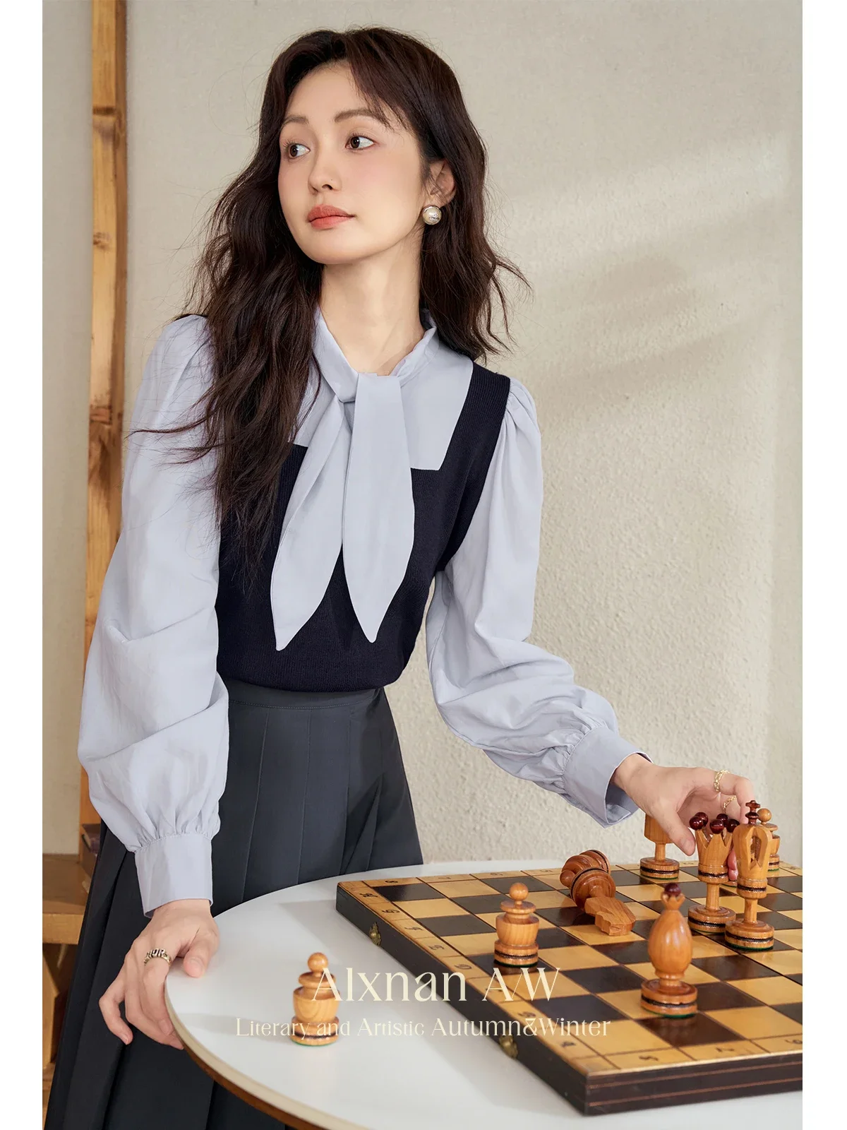 ALXNAN Frenchy Fake 2-х предметный пуловер для женщин нежный свитер на шнуровке с бантом и