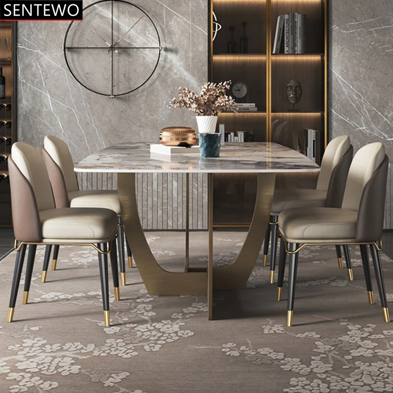 

Ltalian Rock Slab dining room table and 4 dinning chairs Carbon steel frame Faux Marble table dinner chair set tavolo da pranzo