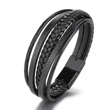 Fashion Stainless Steel Charm Magnetic Men Bracelet Leather Genuine Braided Punk Rock Bangles Jewelry Accessories Friend images - 6