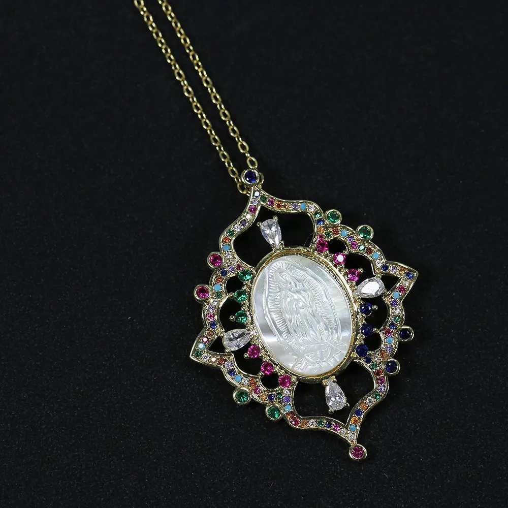 

GG Jewelry Virgin Mary Rainbow CZ Micro Pave White Shell Pearl Mop Cameo Pendant chain necklace Lady Girls Simple Fashion Gifts