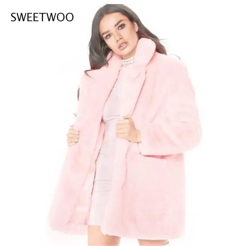 European American New Fashion Elegant Women Long Loose Wool Soft Rabbit Hair Faux Fur Coat White Pink Yellow Black Red Tide 2022