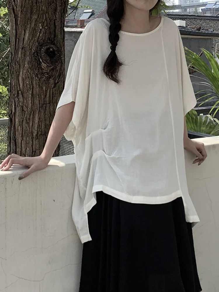 

Women's Side Ruffle Design Irregular T-Shirt Summer Fashion A-Line Round Neck High Waist Commuter Fashion Short Sleeve Top