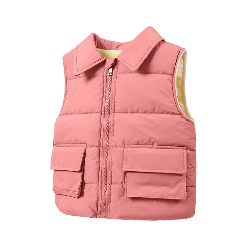 

Children's down cotton stand-up collar vest in the big boy solid color lapel boys and girls plus velvet outer wear cotton vest