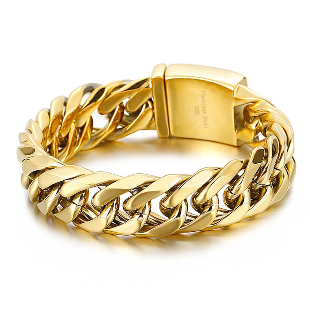 Браслеты из панцирной кубинской цепи для мужчин и женщин, тяжелые украшения под золото 19 мм в стиле хип-хоп, 316L, байкерские браслеты из нержавеющей стали, ювелирные изделия