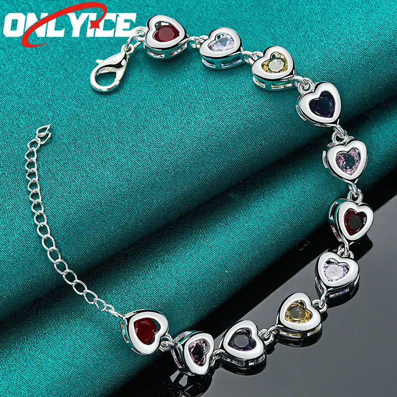 

925 Sterling Silver Heart Multicolor Zircon Bracelet Women Fashion Glamour Party Wedding Engagement High Jewelry