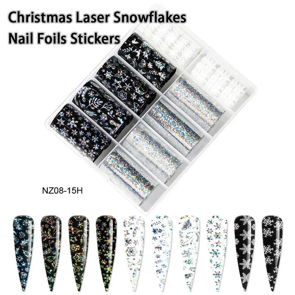 

10Rolls/box Christmas Laser Snowflakes Nail Foils Stickers Transfer Paper Nail Art Stickers Manicure Set Decal Nails Decoration
