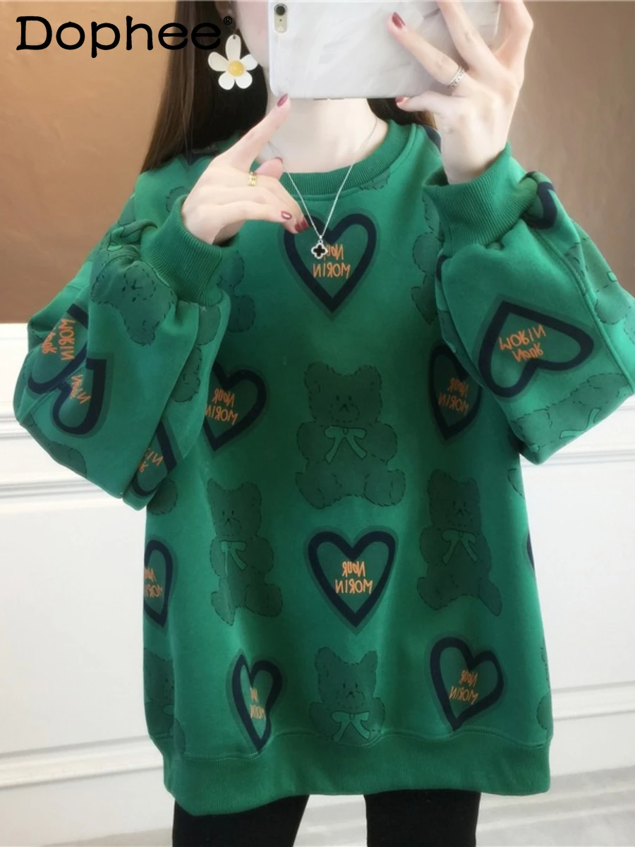 

Solid Color Cute Cartoon Sweatshirt Women 2022 Autumn and Winter New Hoodies Chic Heart Printing Green Hoodie Coat Pullover Top