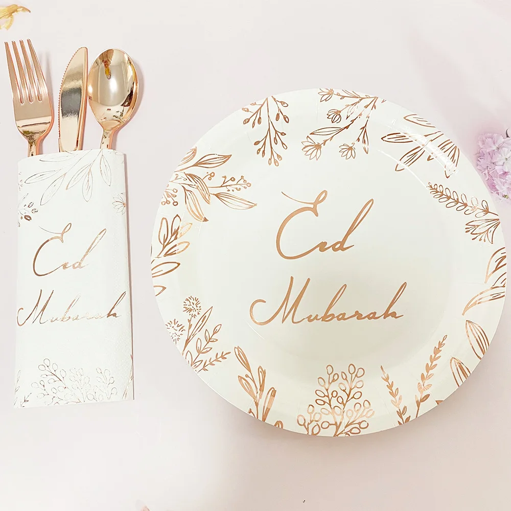 

Rose Gold Eid Mubarak Disposable Tableware Paper Plates Cups Napkins Banner Ramadan Kareem Islam Party Eid Al-Fitr Home Supplies