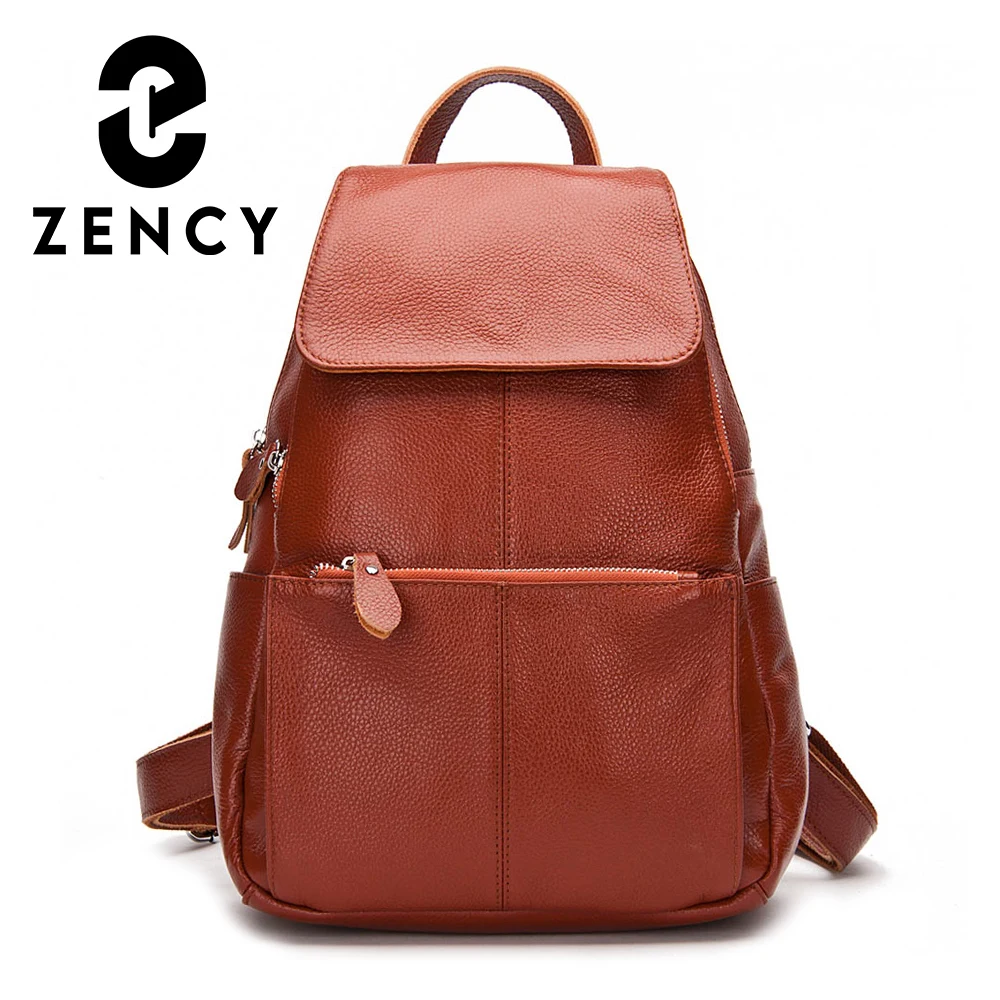 Zency 100% Genuine Leather Women Backpack Fashion Ladies Travel Bag Preppy Style Schoolbags For Girl Laptop Knapsack Black White
