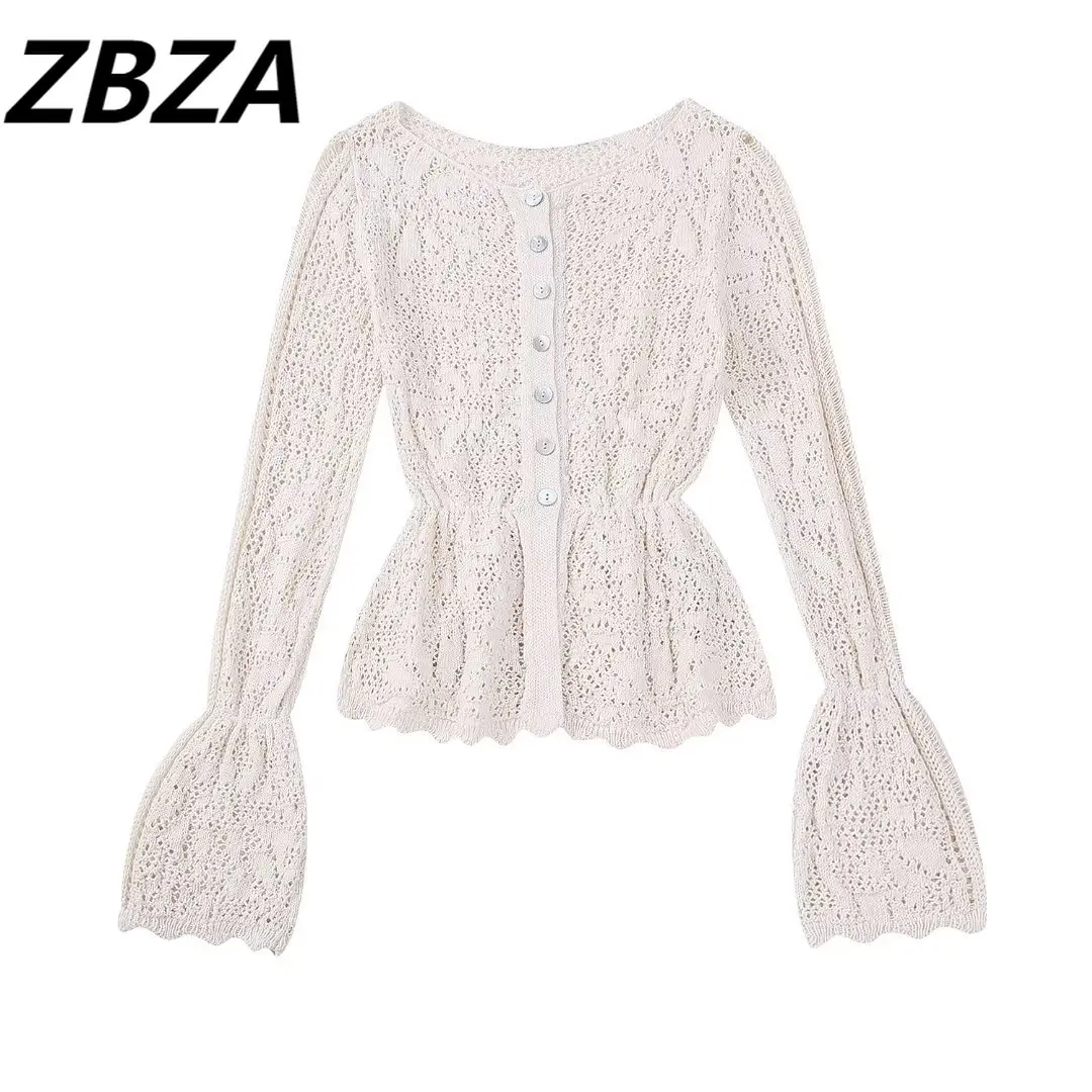 

Женское вязаное пальто ZBZA, винтажное жаккардовое Сетчатое пальто с длинным рукавом и пуговицами, ажурная женская верхняя одежда, шикарные топы, новинка 2023