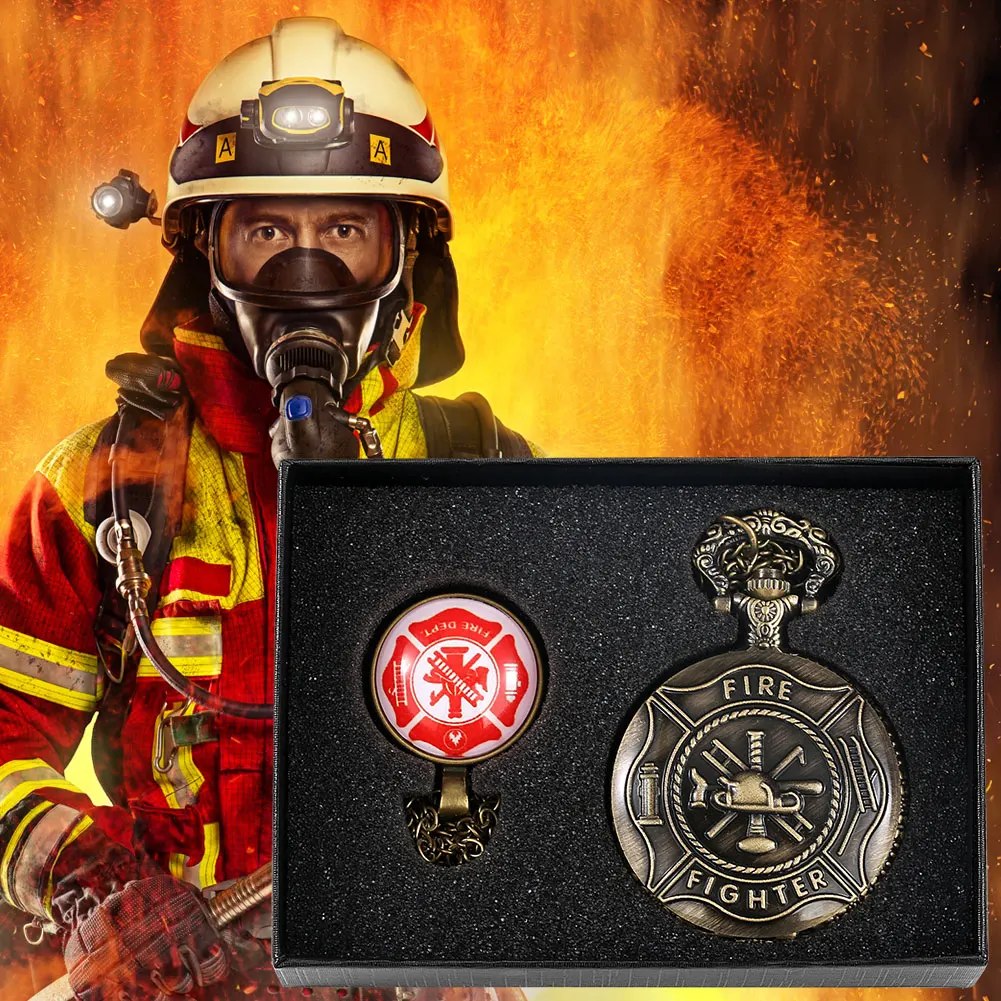 Bronze Pocket Watch Necklace Men Fire Sign Best Souvenir Gift for Firemen Red Pendent Steampunk Pocket Watch Fob Chain Clock