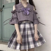 student loose design sense versatile off the shoulder shirt plaid pleated skirt college style two piece suit set tops skirts