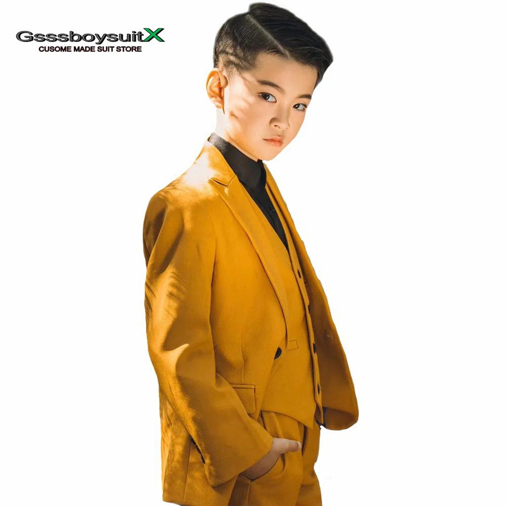 Orange Kids Suit Tuxedo for Wedding Boys Blazer Pants Vest 3 Piece Fashion Child Blazer Set 10 Years Old Custom
