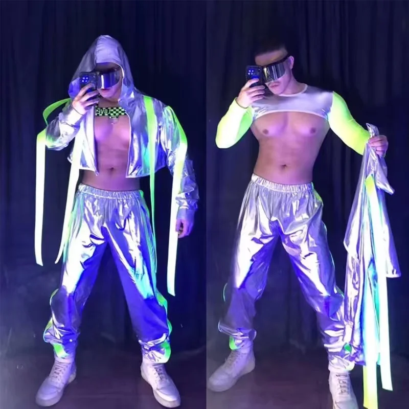 

Fluorescent Green Hollow Jumpsuit Work Clothes Bar Nightclub Men Ds Party Pole Dance Clothing Stage Rave Gogo Costumes