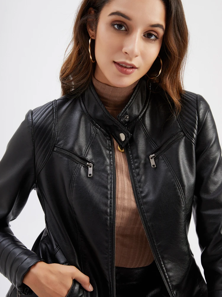 Fashion Stand Collar Long Sleeve Black Leather Jackets Women 2022 New Autumn Casual Zipper PU Thin Motorcycle Jacket Streetwear