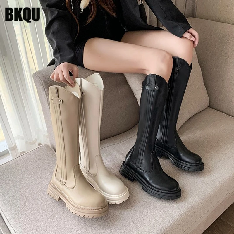 

Women Knee High Boots Platform New Arrival Zippers 2022 Ladies Fashion Cool Motorcycle Flats Street Style Female Shoes Long