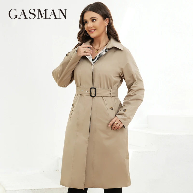 GASMAN Autumn Women's Trench Coat Plus Size Mid-Length Belt Hooded Jacket Women Sports Solid Color Windbreaker Parkas LW-22910